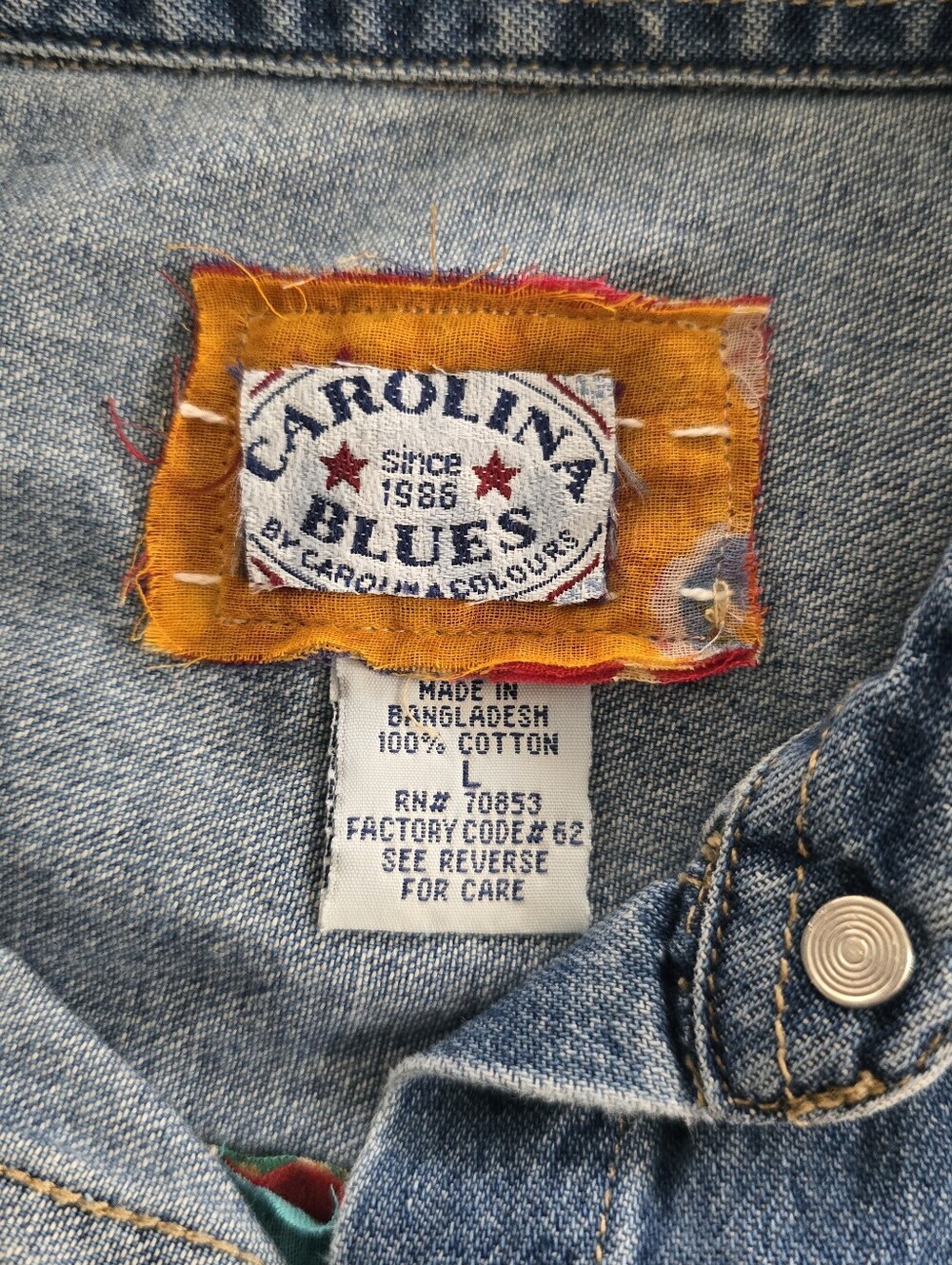 Upcycled Kantha Patchwork Vintage Denim Buttondown Shirt, Size L - Picture 7 of 7